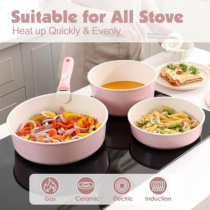 SENSARTE 17 Piece Ceramic Pots and Pans Set, Nonstick Detachable Handle Cookware - Image 6