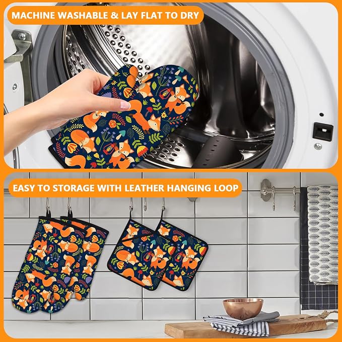 Cute Fox Oven Mitts and Pot Holders Sets 4Pcs, Extra Long Oven Gloves Potholder - Image 5