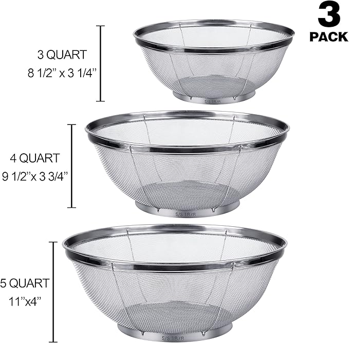 3 Pack Strainers for Kitchen, 18/8 Stainless Steel Colander, Fine Mesh Strainer - Image 3