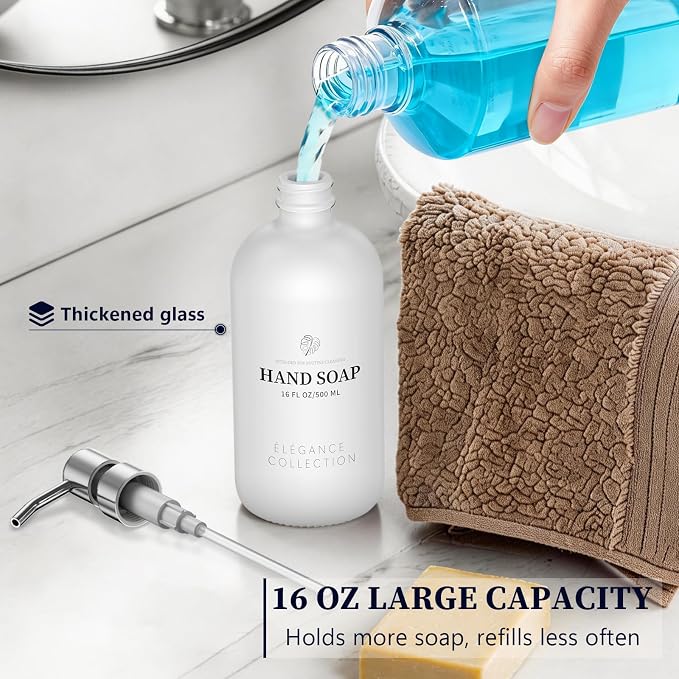 White Glass Soap Dispenser Set of 2, 16oz Hand and Dish Soap Dispenser - Image 5