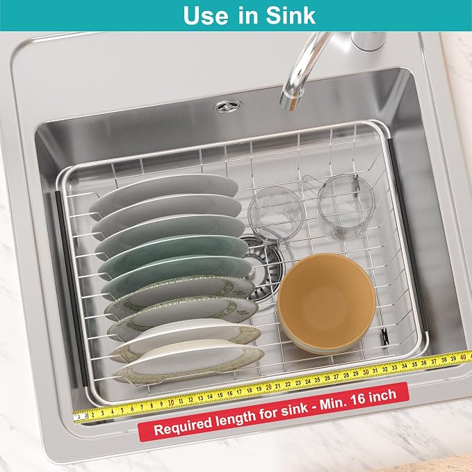 iPEGTOP Expandable Dish Drying Rack Over Sink, Rustproof Stainless Steel Basket - Image 5