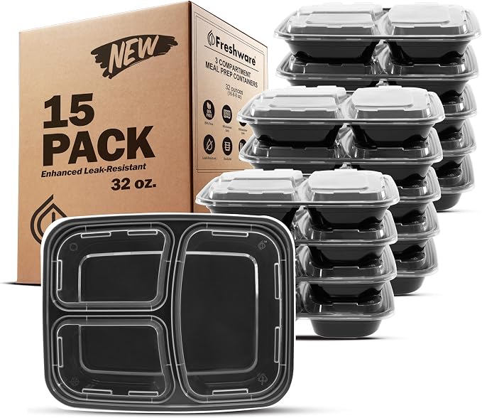 Freshware Bento Box Meal Prep Containers, 3-Compartment, 32 ounce by Freshware