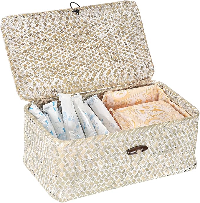 Sumnacon Wicker Basket with Lid Rectangle Woven Baskets by Sumnacon