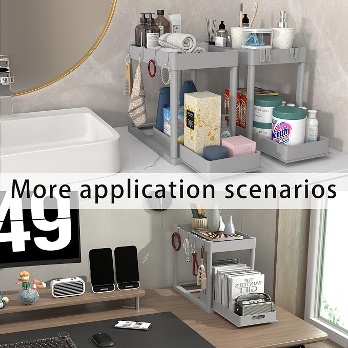 2PC Under Sink Organizer Rack 2 Tier Under Sliding Cabinet Basket Organizer - Image 6