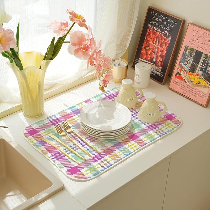 Easter Checkered Dish Drying Mat 18x24 Inch Colorful Buffalo Plaid Drying Mat - Image 7