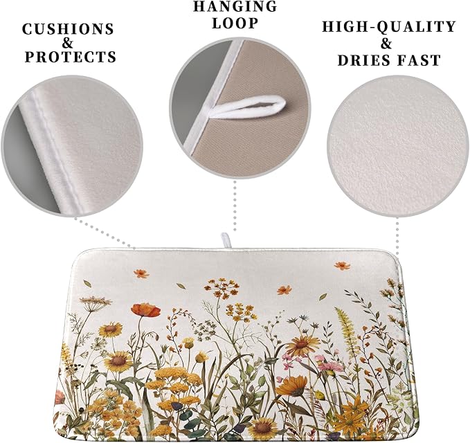 Fall Floral Dish Drying Mat for Kitchen Counter Autumn Burnt Orange Wild - Image 3