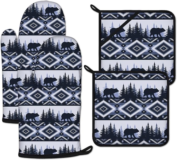 Vintage Rustic Bear Oven Mitts and Pot Holders Sets Heat Resistant 4Pcs by ANTJOO
