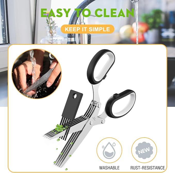 Herb Scissors with 5 Blades and Cover, Kitchen Herb Cutter with Cleaning Comb - Image 5