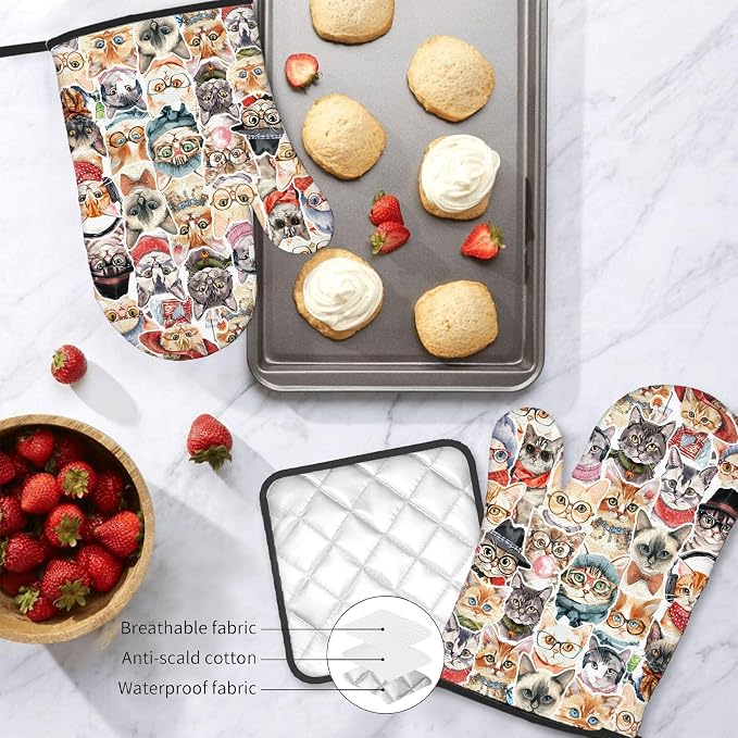 Cute Cat Oven Mitts and Pot Holders Sets 3PCS, Cat Silicone Heat Resistant Oven - Image 7