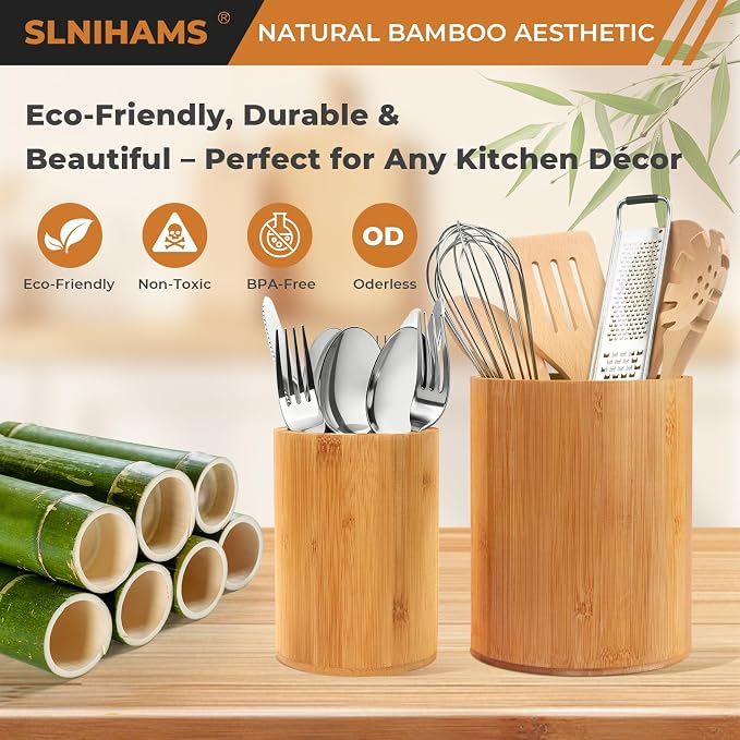 Bamboo Utensil Holder, 7.3"+5.4" Set of 2 Utensil Holders - Image 4