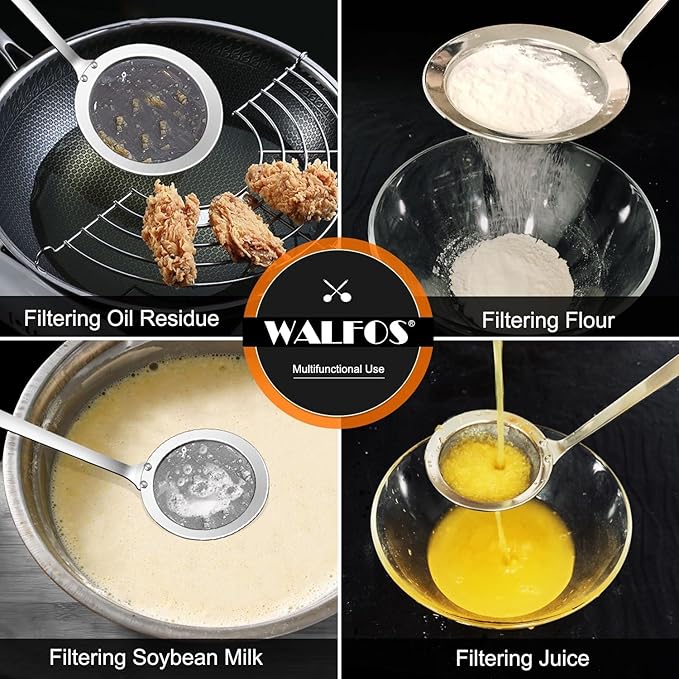 Walfos Fine Mesh Strainer and Fat Skimmer Spoon Set, 304 Stainless Steel Fat - Image 3