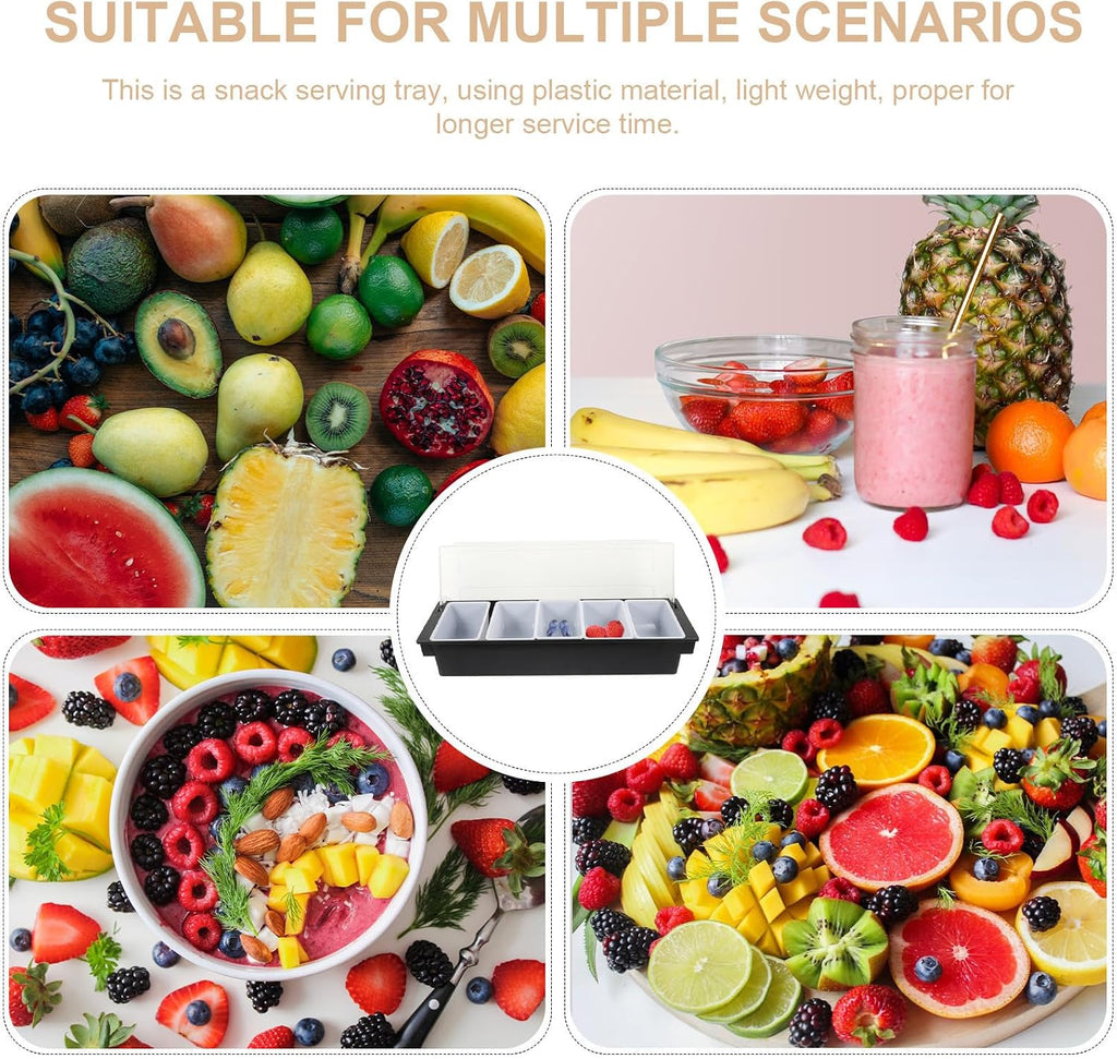 Five Compartment Snack Container Box with Lid, Black Plastic Fruit