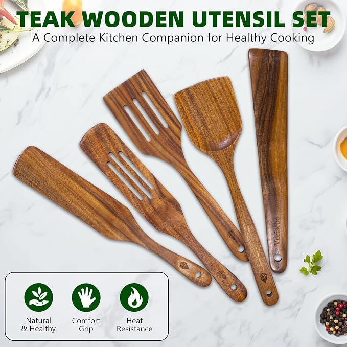 5 PCS Wooden Spatula for Cooking, Natural Teak Wooden Utensil Set, Non-Toxic - Image 6