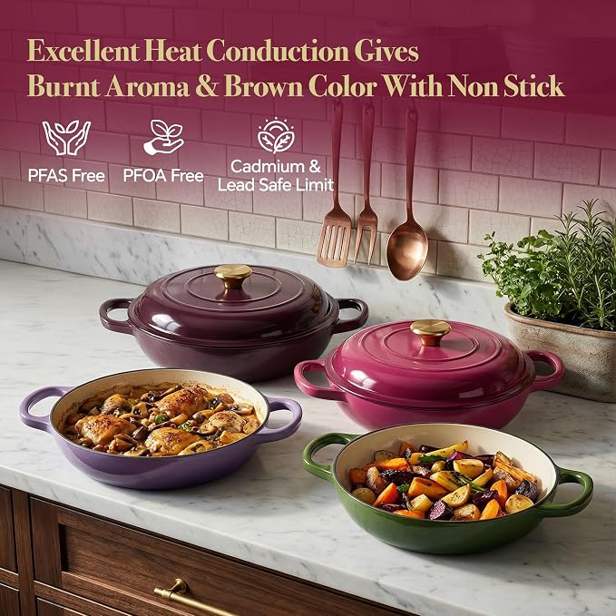 3 Quart Enameled Cast Iron Braiser, Non Stick Enameled Cast Iron Skillet - Image 2