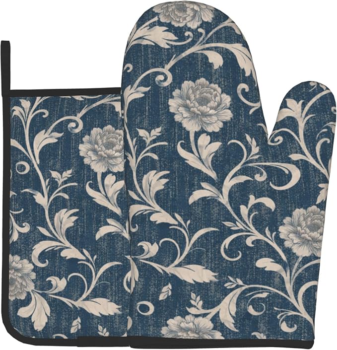 Navy Blue Oven Mitts and Pot Holders Vintage Floral Kitchen Accessories Set of by DZGlobal