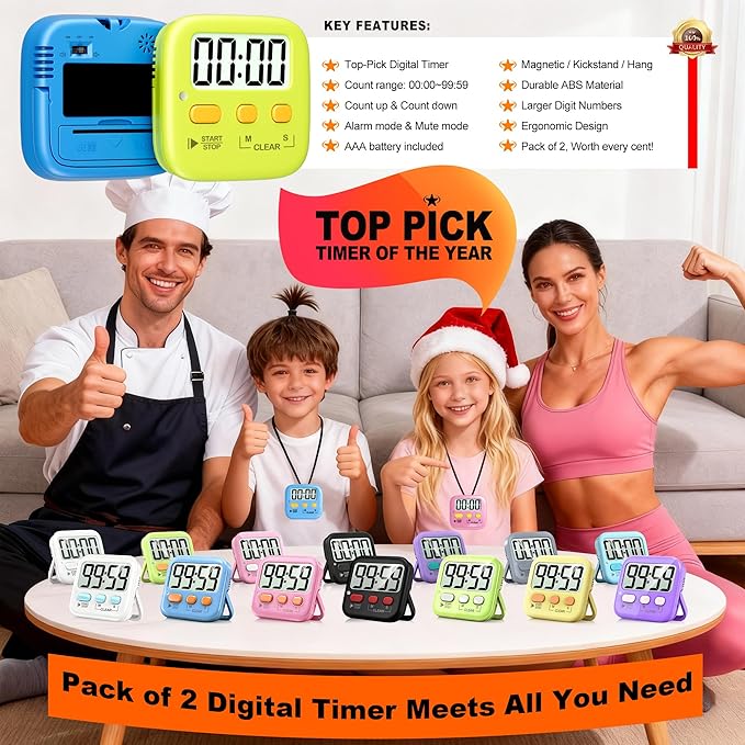 Antonki 2 Pack Digital Timer for Kids, Magnetic Countdown Kitchen Timers for - Image 8