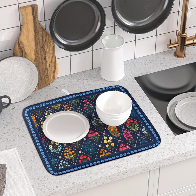 Lapis Blue Dish Drying Mat for Kitchen Counter Flowers Microfiber Absorbent - Image 6