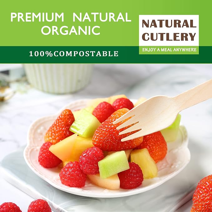 Disposable Wooden Forks -Pack of 100, 6.5" Length-Biodegradable, Natural Wooden - Image 4