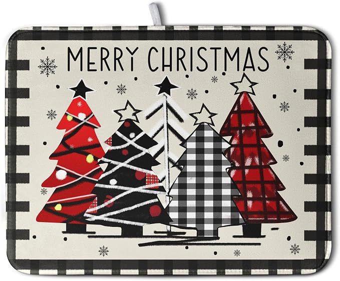 Christmas Trees Kitchen Dish Drying Mat 18x24 Inch Merry Christmas Black White by Kwlegh