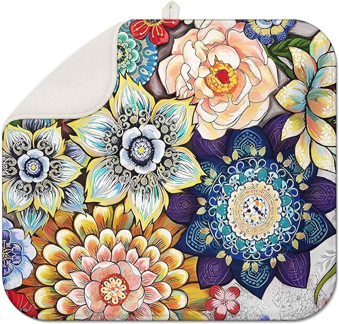 Spring Floral Large Dish Drying Mats, Reversible Dish Drying Pads by Scritism