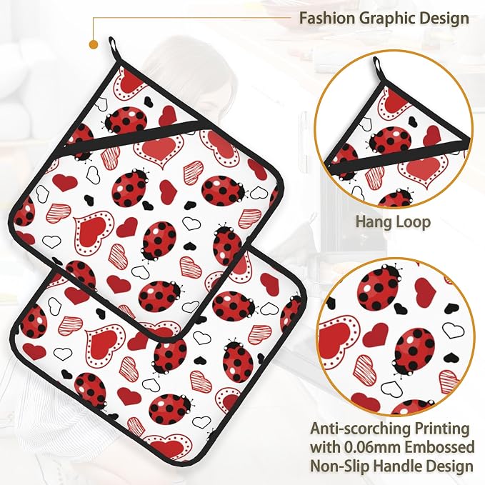 Ladybugs Hearts Pot Holder Set of 2, Heat Resistant Potholders Oven Hot Pads - Image 4