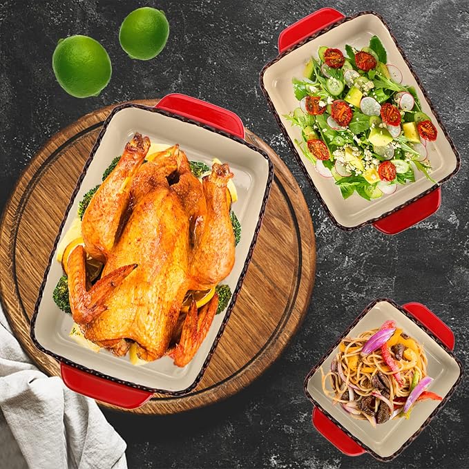 AVLA 3 Pack Ceramic Bakeware Set, Porcelain Rectangular Baking Dish Lasagna Pans - Image 5