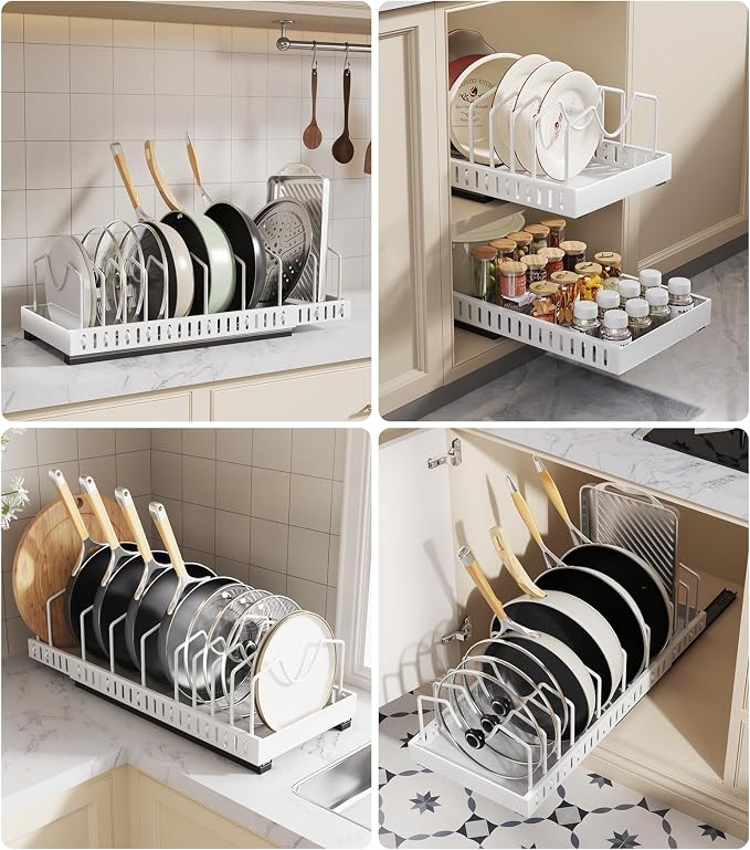 Pull Out Pots and Pans Organizer Under Cabinet, Expandable Sliding Lid Holder - Image 7