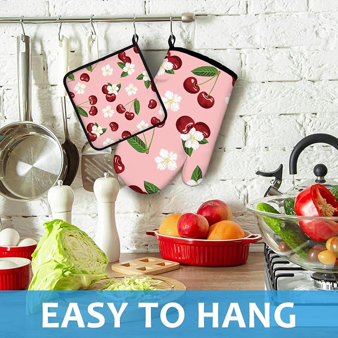 Cherry Oven Mitts and Pot Holders Sets Heat Resistant 4Pcs White Flower - Image 4