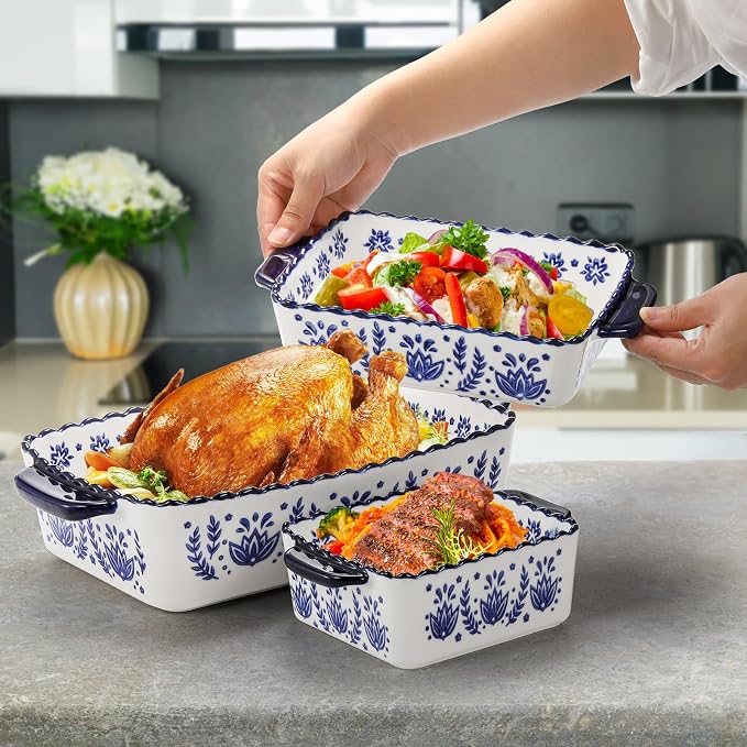 SOUJOY 3 Pack Porcelain Bakeware Set, Rectangular Baking Dishes, Lasagna Pan - Image 6