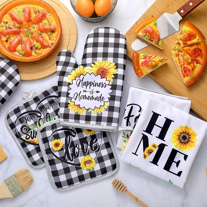 Leinuosen 6 Plaid Sunflower Kitchen Towels Kitchen Decor and Accessories Set - Image 2