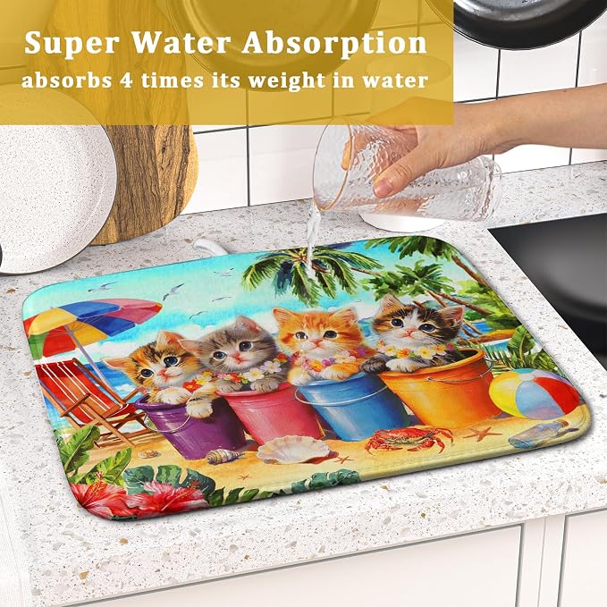Lovely Cat Dish Drying Mat for Kitchen Counter Holiday Beach Absorbent Coffee - Image 7