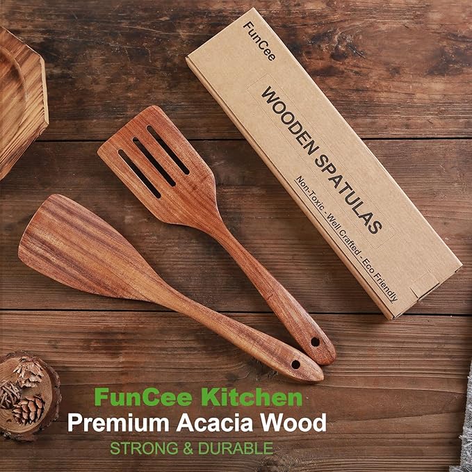 2 Pack Wooden Spatula, Acacia Wood Long Handle Flat Frying Turner, Handmade - Image 5