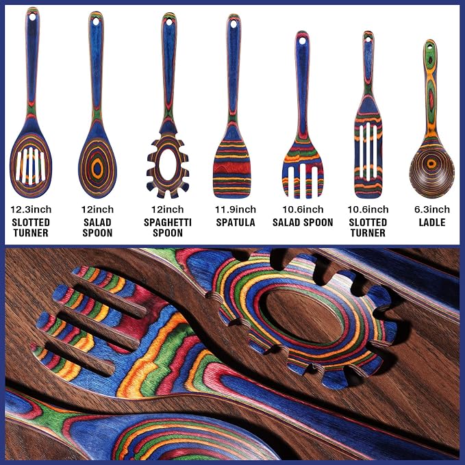 MYRAINBOW Wooden Spoons for Cooking – 7 Piece Pakkawood Kitchen Utensils Set - Image 2