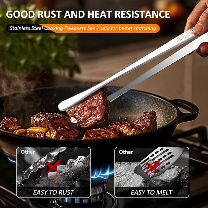 12-Inch 2-in-1 Kitchen Tongs Set, Round & Curved Stainless Steel BBQ Tongs - Image 3