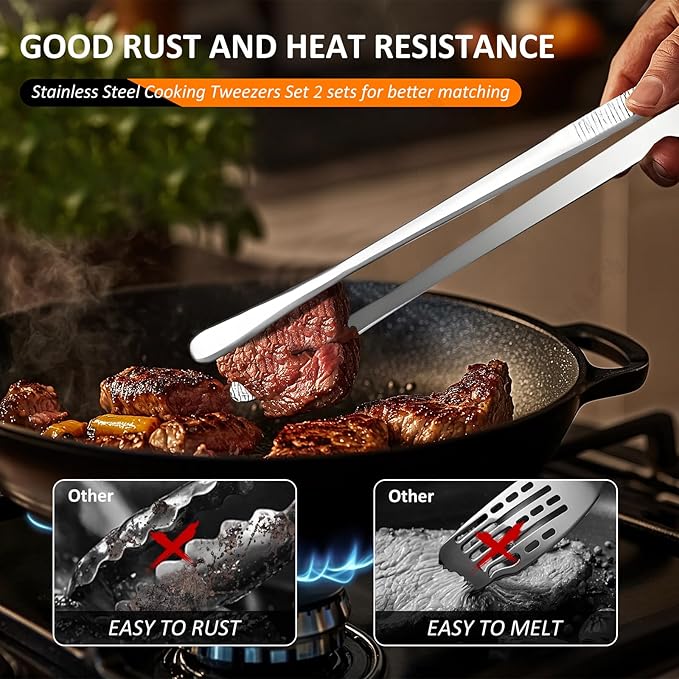 12-Inch Stainless Steel Kitchen Tongs Set, Straight & Round Edge Cooking - Image 3