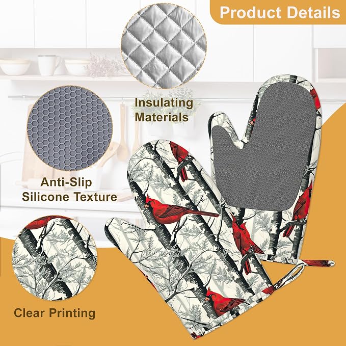 Red Cardinal Birds Oven Mitts and Pot Holders Set of 4, Kitchen Glove Heat - Image 3