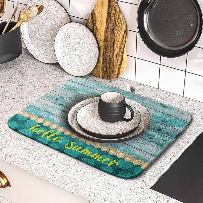 Hello Summer Dish Drying Mat for Kitchen Counter, Sea Shell Starfish Coastal - Image 5