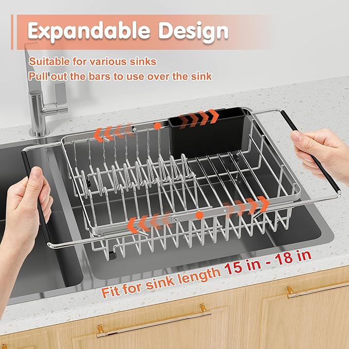 Expandable Over The Sink Dish Drainer Drying Rack In Stainless Steel Metal - Image 6