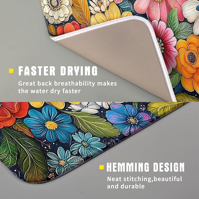 Giwawa Boho Flower Dish Drying Mat, Colorful Floral Leaf Dish Drainer Mats - Image 3