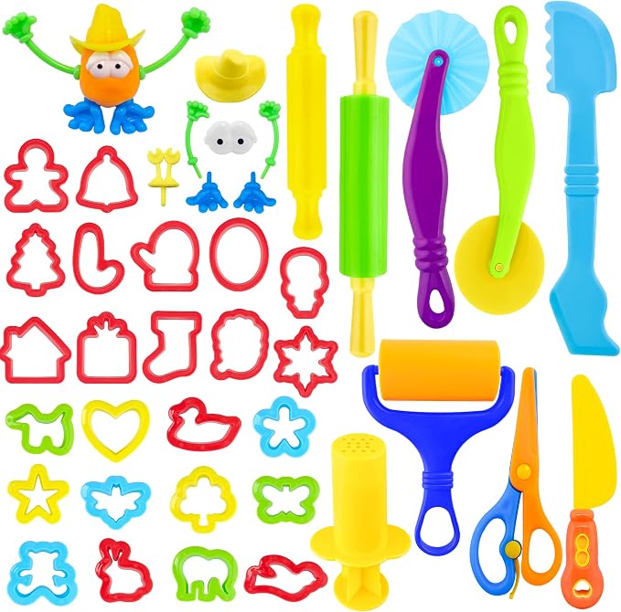Dough Tools for Kids，40pcs Basic Dough Play Toys Includes Cutters, Rolling Pins by iShyan
