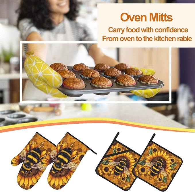 Sunflower Bee Oven Mitts and Heat Resistant Pads - Image 7