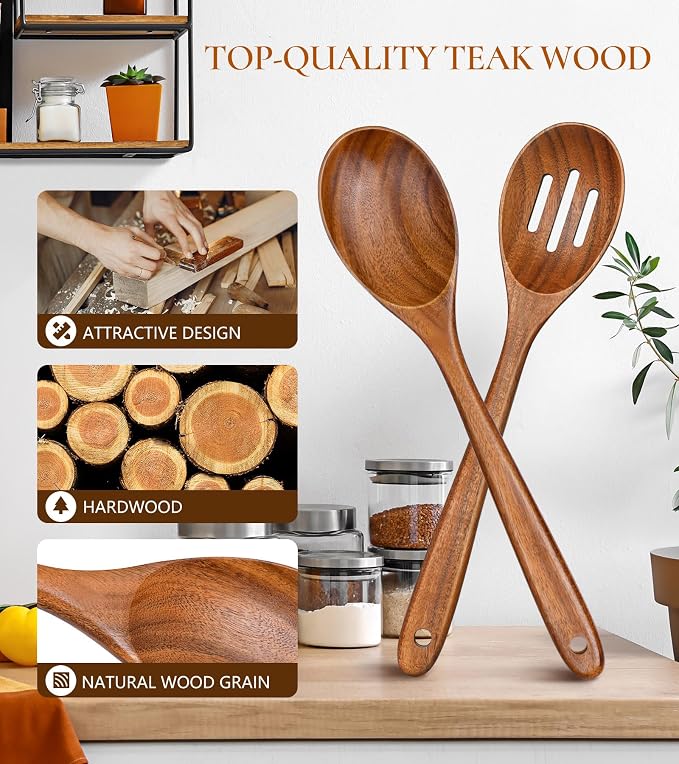 2Pcs Wooden Spoons for Cooking, Natural Premium Teak Wooden Spoon & Slotted - Image 2