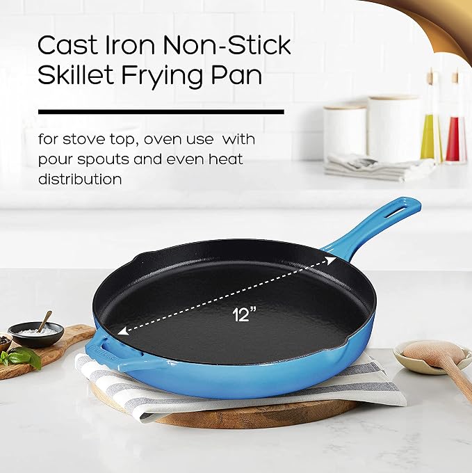 Bruntmor 12'' Blue Pre-seasoned Cast Iron Frying Pan, 12 Inch Oven Safe Skillet - Image 4