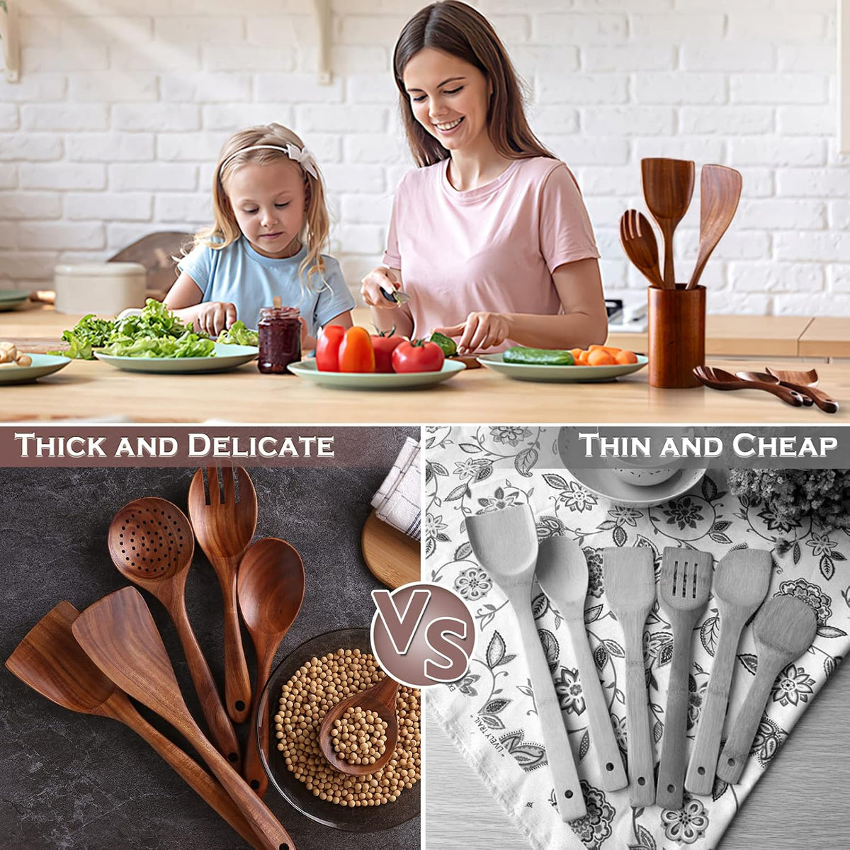 6-Piece Teak Wood Cooking Utensil Set, Wooden Spoons for Cooking