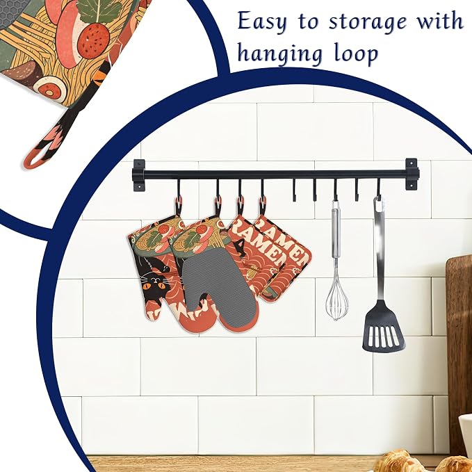 Black Cat Ramen Oven Mitts and Pot Holders Abstract Funny Silicone Kitchen - Image 3