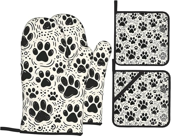 Black White Paw Oven Mitts & Potholder Set of 4 by Unknown