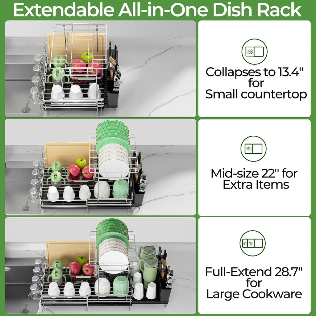 Large 2 Tier Dish Drying Rack, Extendable Dish Rack, Stainless Steel