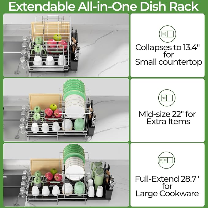 Large 2 Tier Dish Drying Rack, Extendable Dish Rack, Stainless Steel Anti-Rust - Image 2
