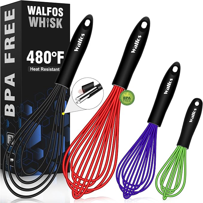 Walfos Whisk, Whisks for Cooking Non Scratch.Silicone Whisk Set of 4 Kitchen by Walfos