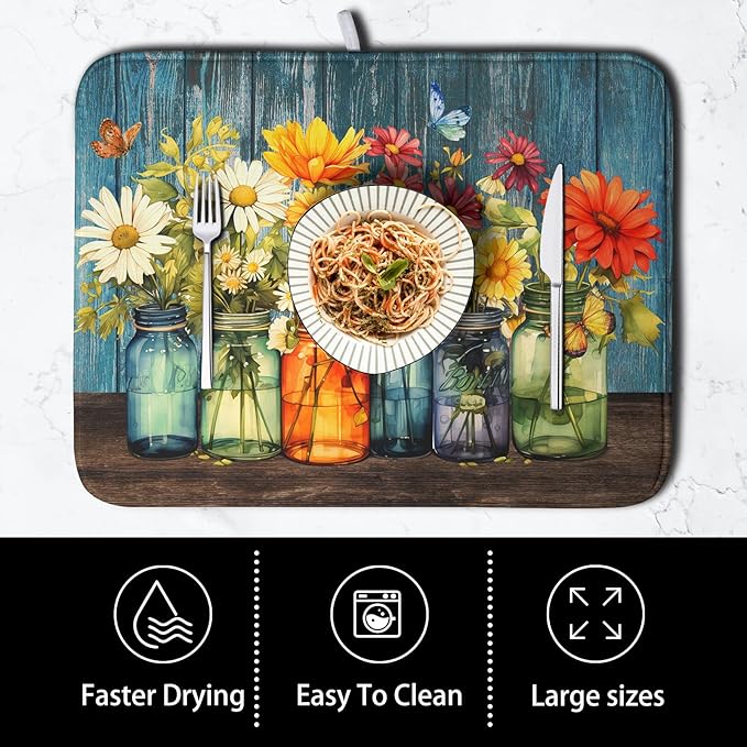 Daisy Dish Drying Mat for Kitchen Counter 16x18 Inch Rustic Vintage Flower - Image 4